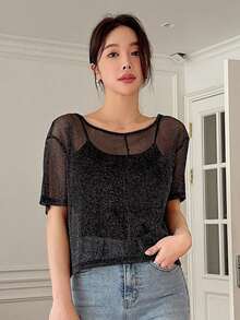 DAZY Women Loose Fit Sheer Round Neck Short Blouse Top Going Out Tops - Black - View 7