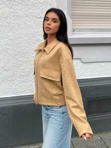 SHEIN EZwear Women's Solid Color Front Zipper Long Sleeve Simple Casual Pocket Bomber Jacket - Khaki - View 4