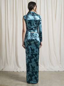 AiiRZ Elegant Asymmetric Cut-Out Waist Maxi Dress St Patricks Day Party Evening Gown Metallic Teal Abstract Print Lucky Charm Formal Dress Irish-Themed Celebration - Green - View 2