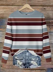 EMERY ROSE Casual Minimalist All-Over Stripe Print Plus Size Sweatshirt For Plus Size Women, Autumn/Winter - Multicolor - View 1