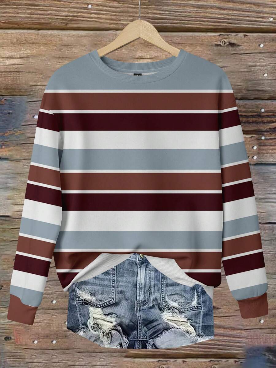 EMERY ROSE Casual Minimalist All-Over Stripe Print Plus Size Sweatshirt For Plus Size Women, Autumn/Winter - Multicolor - View 1