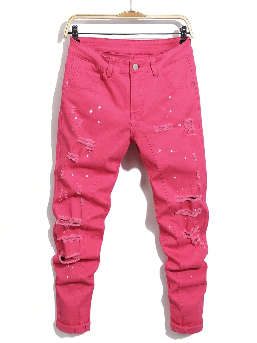 Manfinity Roughcore 男式纯色纽扣前口袋破洞休闲牛仔裤 - 玫紅色 - 查看 1