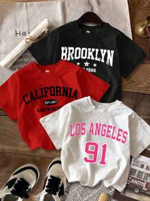 Attitoon Bộ 3 chiếc áo thun ngắn tay in chữ bó sát cổ tròn phong cách tối giản California, Los Angeles, Brooklyn dành cho nữ, phù hợp cho mùa hè - Nhiều màu - Xem 9