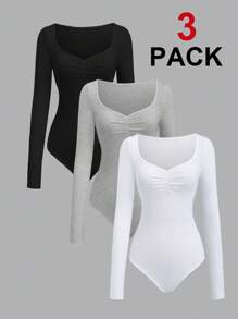 Flirla 3 Stück/Set weiß, schwarz & grau Vorderseite Falten V-Ausschnitt Langarm Bodysuit Anzug Oberteil, sexy Oberteile für Frauen