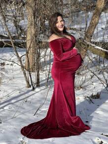 优雅丝绒V领长袖修身孕妇连衣裙，适合参加迎婴派对和拍照活动 - 酒紅色 - 查看 8