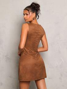 Glamine 极简主义仿皮美人鱼风格无袖直筒连衣裙，复古棕色，工作/休闲外出，秋季商务休闲及膝连衣裙，秋季服装，垃圾摇滚 - 棕色 - 查看 2