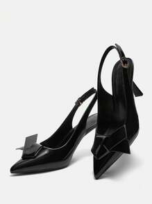 CUCCOO BIZCHIC Basic Office Commute Fashion Solid Black Pointed Toe Bowknot Cutout Stiletto Heel Pumps For Christmas And New Year Holiday Vibe Fall And Winter - Black - View 2