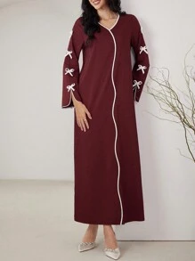 Yasmyna 女士优雅浪漫蝴蝶结撞色条纹派对连衣裙，休闲 A 字型阿拉伯朴素酒红色长袖连衣裙，适合日常休闲 - 酒紅色 - 查看 4