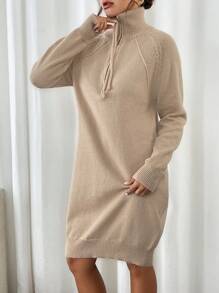 SHEIN LUNE 女士休闲简约法式长袖毛衣连衣裙 - 杏色 - 查看 3