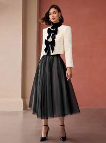 MOTF PREMIUM 粗花呢撞色蝴蝶结前襟夹克 - 白色 - 查看 5