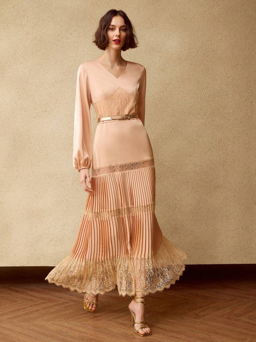 MOTF PREMIUM 纯色 V 领灯笼袖蕾丝嵌件褶皱下摆长裙（无腰带）