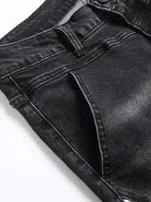 Manfinity Hypemode 男士简约前扣口袋休闲牛仔裤，日常穿着，纯色修身深色牛仔裤长款黑色洗水工装牛仔裤，适合丈夫、男朋友的礼物 - 深灰色 - 查看 4