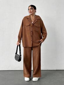 EURMUSE Corduroy Fashionable Pocket Design Shirt And Trousers Two-Piece Set - Camel - View 1
