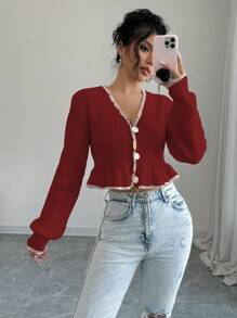 Elenzga 1pc Women Short Lotus Hem Cardigan, Autumn/Winter Fall Cloth For Women - Red - View 6