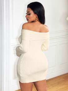 Zolique Women's Minimalist Elegant Off-Shoulder Bell Sleeve Sweater Dress, Autumn/Winter - Beige - View 2