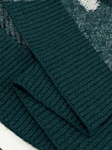 SHEIN LUNE 大码女式碎花落肩宽松半拉链毛衣，冬季针织套头衫 - 墨綠色 - 查看 7