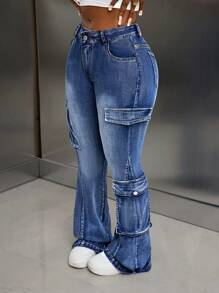 SHEIN Slayr 低腰性感喇叭腿女式工装牛仔裤 - 藍色 - 查看 1