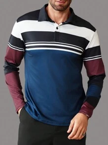 Manfinity Homme 秋季男士休闲撞色条纹 Polo 衫 - 彩色 - 查看 5