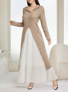 Modelyn High-End Design Shawl Collar High Slit Long Sleeve Knitted Women Sweater, Autumn/Winter Fall - Khaki - View 6