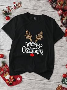 INAWLY Summer Christmas Santa Claus, Reindeer & Snowman Print 3pcs/Set Casual Round Neck Short Sleeve T-Shirt For Women - Black - View 4
