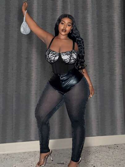 Slaydiva Elegant & Party & Gathering & Date Sexy Bodycon Solid Black Sleeveless Deep V-Neck Sheer Lace Patchwork Waist Belt Plus Size Bodysuit, Spring/Summer