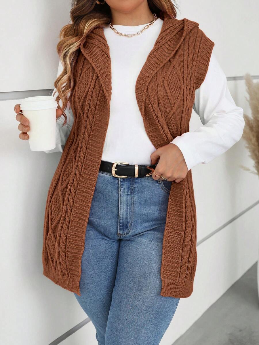 Breezaya Cárdigan de punto con capucha y sin mangas de talla grande, cárdigan sin mangas multicolor, cárdigan marrón, chaleco de punto para mujer, chaleco de punto tejido