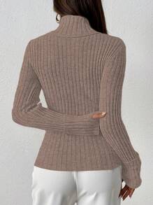 SHEIN LUNE Women's Casual Solid Color High Neck Ribbed Knit Slim Fit Sweater - Mocha Brown - View 2