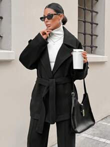 SHEIN Cottnline 女士纯色前扣长袖口袋休闲夹克，简约日常穿着 - 黑色 - 查看 6