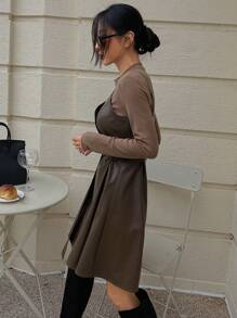 DAZY Women Stand Collar Patchwork Long Sleeve Tie Waist Mid-Length Dress,Fall Dress