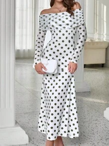 INAWLY Vestito attillato elegante da festa a maniche lunghe con spalle scoperte a pois per donne - Multicolore - Visualizzare 1