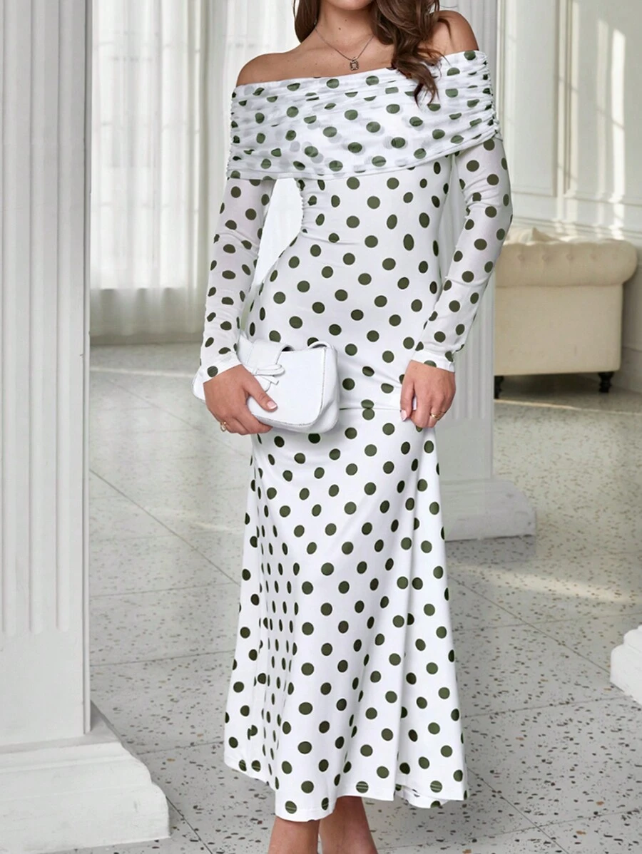 INAWLY Vestito attillato elegante da festa a maniche lunghe con spalle scoperte a pois per donne - Multicolore - Visualizzare 1