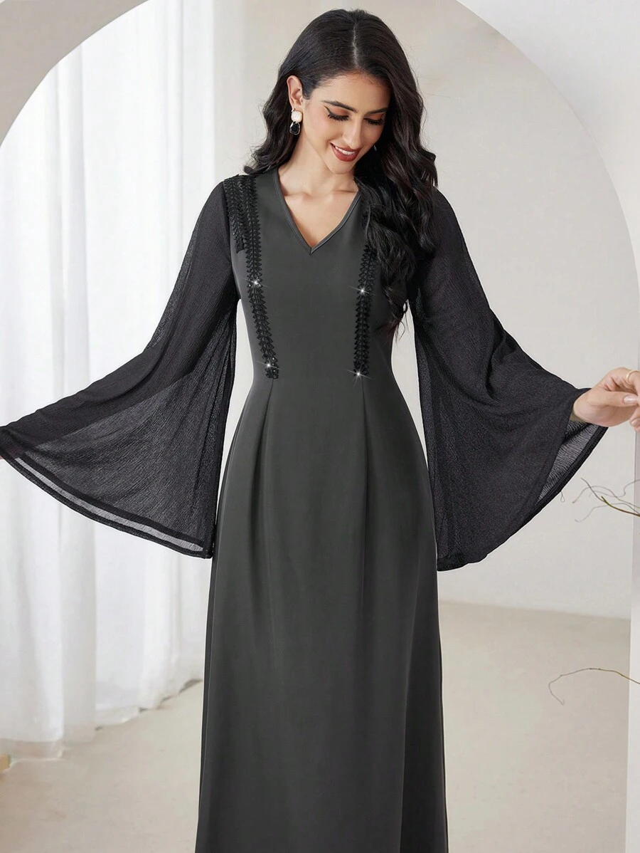 Al Najma Váy dài thanh lịch cho nữ, Maxi Kaftan, Thiết kế thời trang Châu Âu và Mỹ, Phù hợp cho mùa thu/đông, Váy dài tay chữ A giản dị thanh lịch Kaftan & Jalabiya theo phong cách Ả Rập, Dành cho thường ngày - Xám - Xem 1