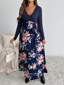 SHEIN Maternity Nursing Dress, V-Neck Long Sleeve Patchwork Printed Maternity Dress, Blue - Navy Blue - View 5