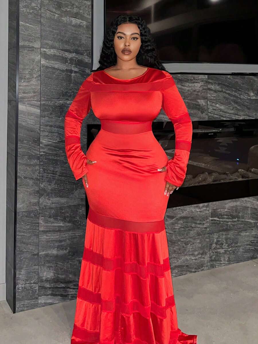 Slaydiva Đầm dạ hội đuôi cá hở lưng lưới maxi gợi cảm, trang phục ngày lễ tình nhân cho phụ nữ ngoại cỡ - Đỏ - Xem 1