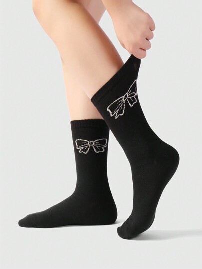 Kawaii 3 Pairs Ins Stylish Korean/Japanese Sweet High-Quality Soft & Warm White Striped Embroidered Bow, Black Knit Floral, Black & White Bow Thigh High Socks Combo Set For Women, Daily Wear, Comes With Gift Box Packaging