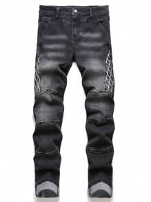 Manfinity Hypemode 男士简约前扣口袋休闲牛仔裤，日常穿着，纯色修身深色牛仔裤长款黑色洗水工装牛仔裤，适合丈夫、男朋友的礼物 - 深灰色 - 查看 1