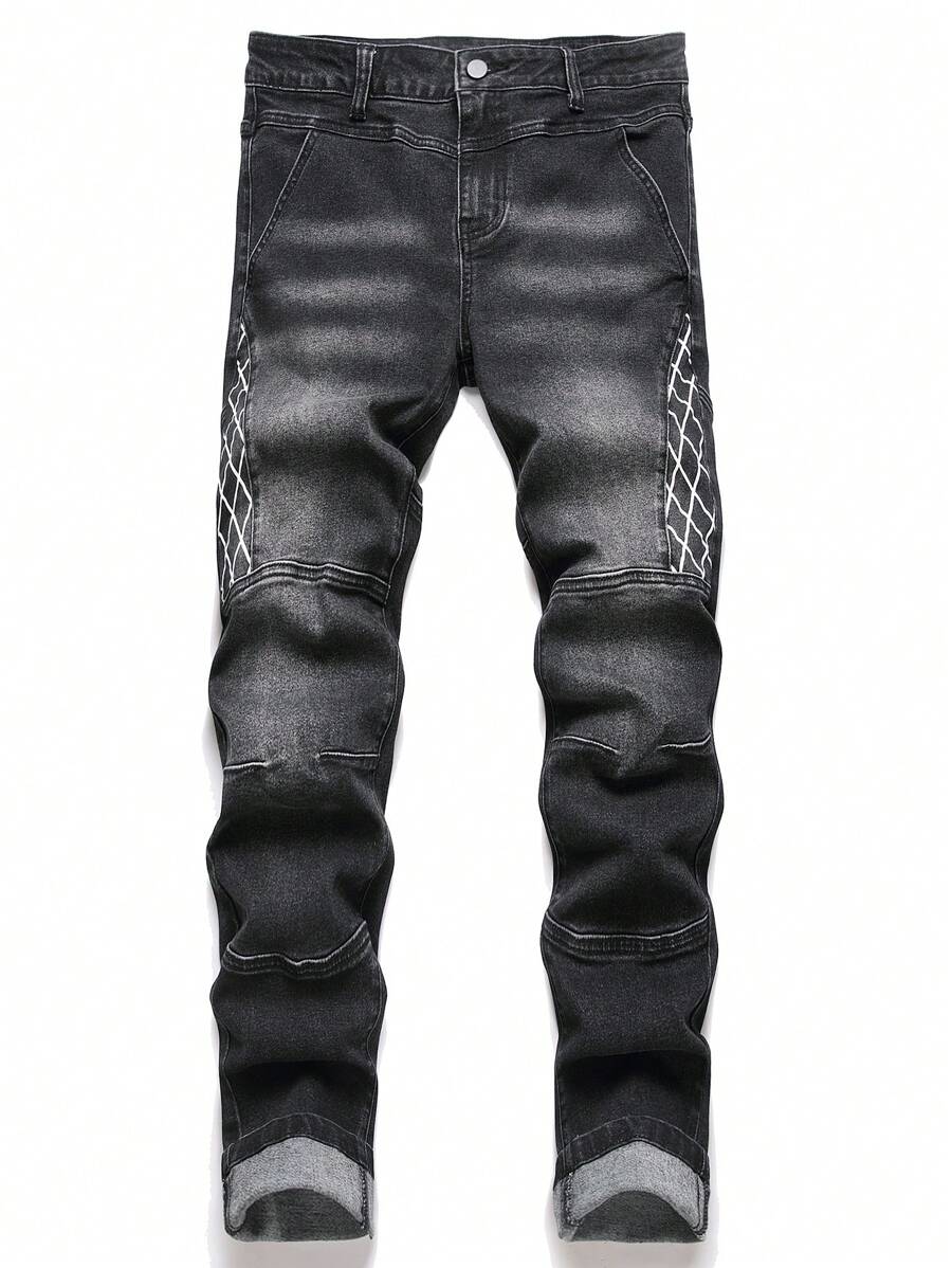 Manfinity Hypemode 男士简约前扣口袋休闲牛仔裤，日常穿着，纯色修身深色牛仔裤长款黑色洗水工装牛仔裤，适合丈夫、男朋友的礼物 - 深灰色 - 查看 1