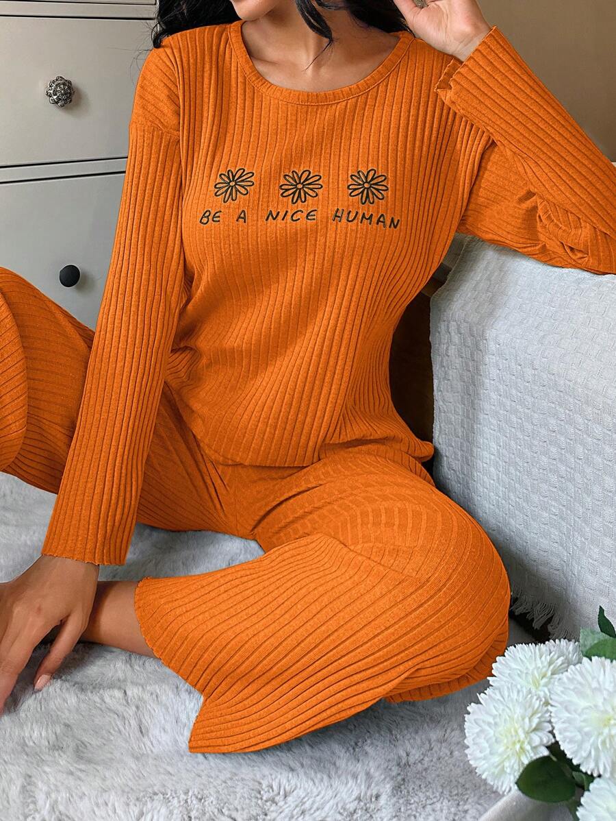 RueChic Floral And Slogan Graphic Ribbed Knit Tee & Pants Lounge Set - Orange - View 1
