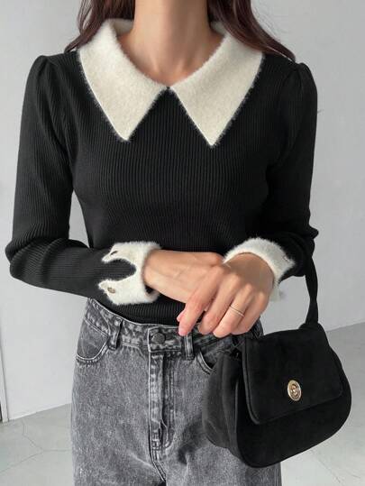 FRIFUL Women Color Block Collar Long Sleeve Casual Knitted Sweater, Autumn/Winter,Long Sleeve Tops,Fall Women Clothes