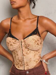 Glamine Sexy Lace & Floral Print Mesh Scrunch Racerback Tank Top Cami For Women - Multicolor - View 4