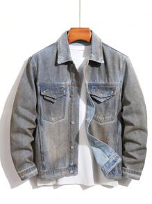 Manfinity Homme Men's Casual Single-Breasted Street Wear Rapper Plain Dark Denim Jacket, Autumn, , For Party - Light Wash - View 1