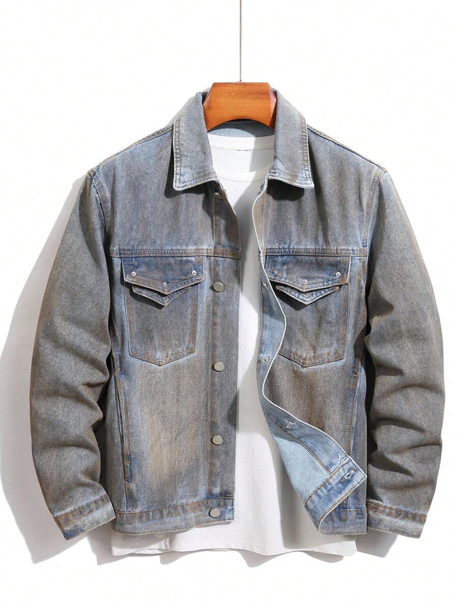 Manfinity Homme Men's Casual Single-Breasted Street Wear Rapper Plain Dark Denim Jacket, Autumn, , For Party - Light Wash - View 1