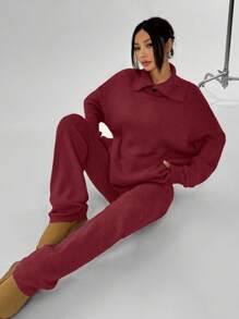 SHEIN Unity Bộ 2 món/Bộ đồ nữ cổ polo màu trơn dài tay áo len và quần dệt kim thường ngày, Thu/Đông - Đỏ - Xem 5