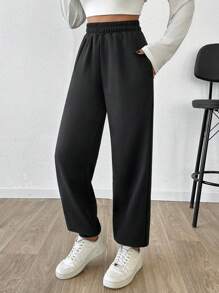 EURMUSE Women's Solid High Waist Drawstring Jogger Sweatpants - Black - View 6