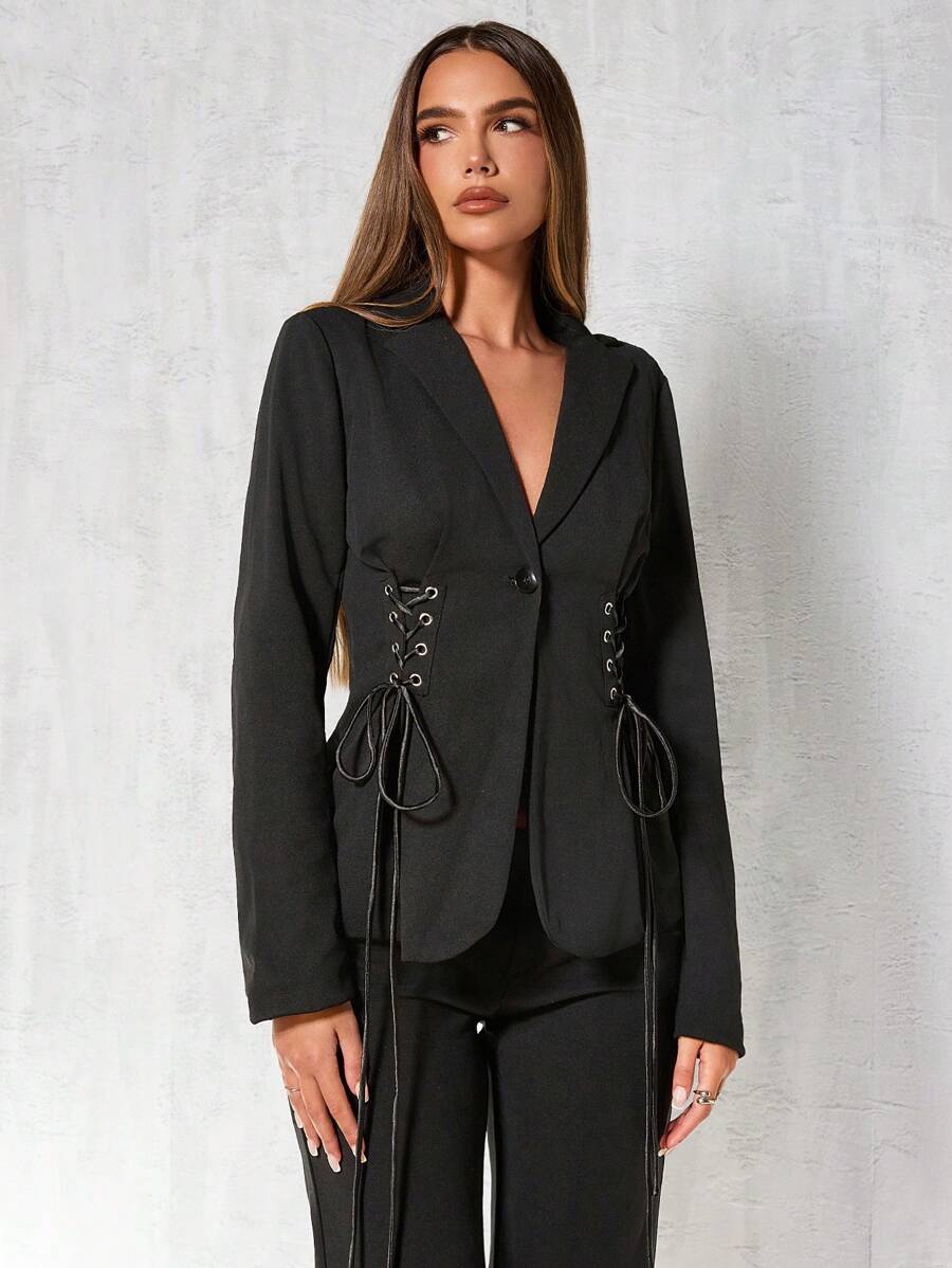 Glamine 1pc Women Casual Crossover Tie Side Blazer Jacket, Autumn Fall Cloth For Women - Black - View 1