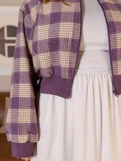 Aralina Plus Size Western Women Check Crew Neck Bomber Jacket With Side Pockets