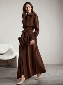 Modelyn Ladies 2 Pieces Set With Solid Color Long Sleeve Long Jacket And Casual Dress 2 Pieces Set - Coffee Brown - View 3
