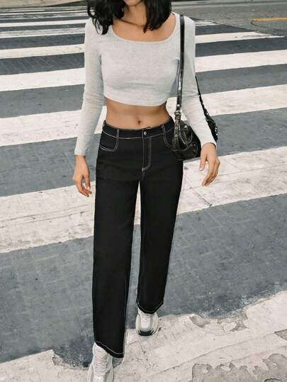 SHEIN EZwear 女士休闲梭织直筒裤，黑色