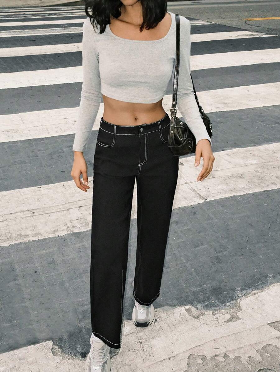 SHEIN EZwear 女士休闲梭织直筒裤，黑色 - 黑色 - 查看 1