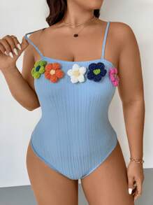 Flirla Plus Size Women 3D Floral Decor Fashionable Bodysuit - Blue - View 4